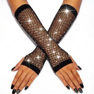 Women's Fingerless Rhinestone Sparkly Black Rave Mesh Gloves Fishnet Party Prom